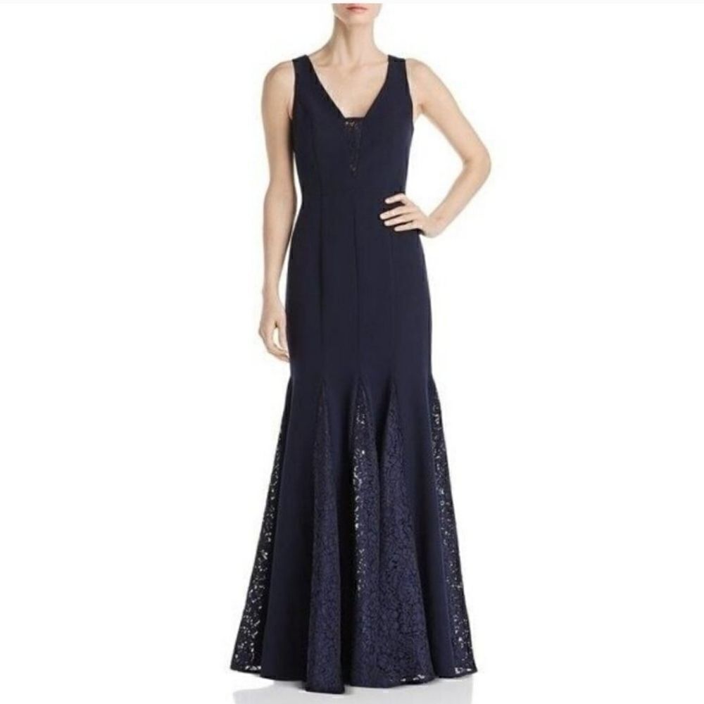 Eliza J Laguna Lace Inset Trumpet Gown In Navy Blue Size 4